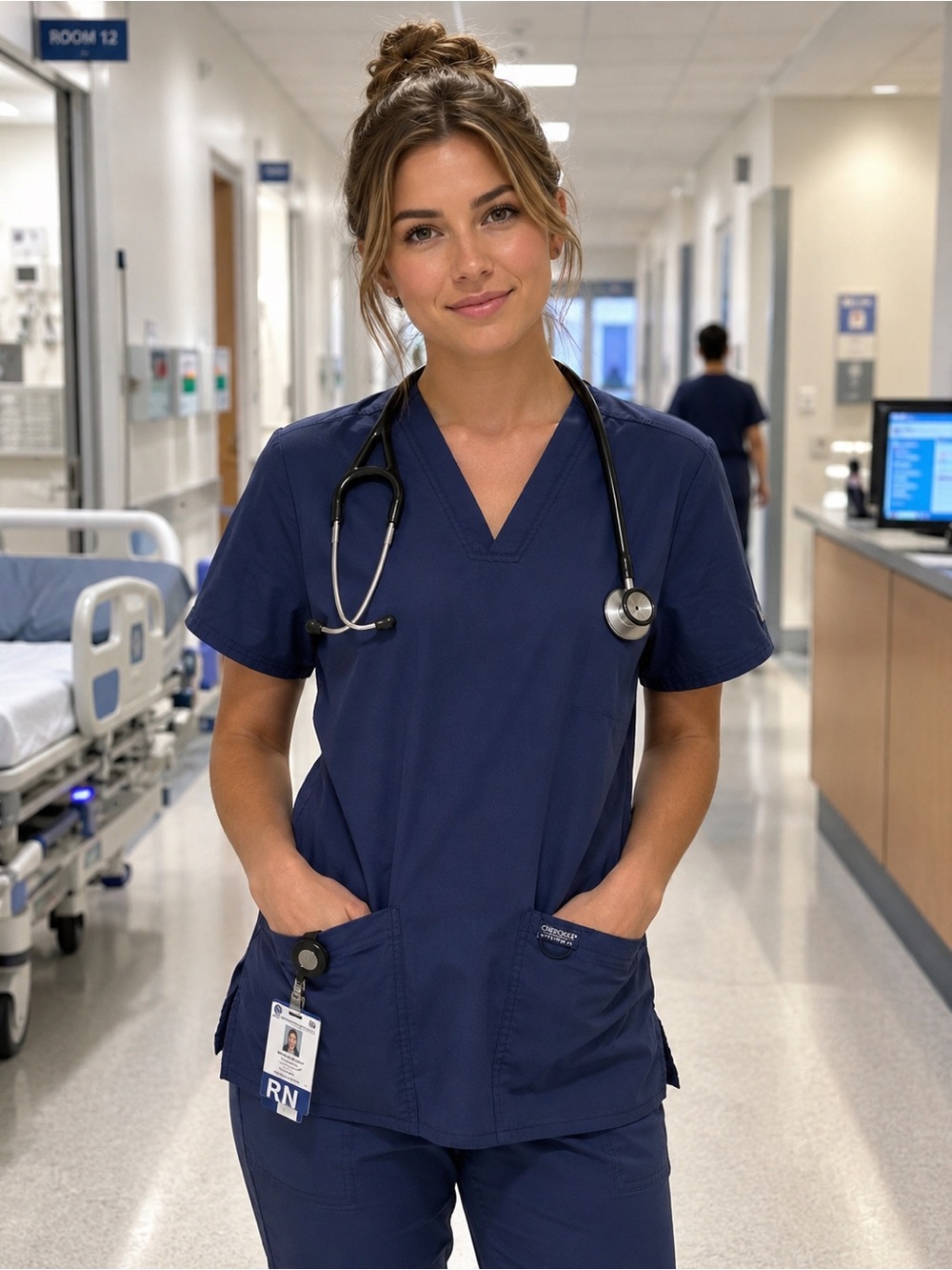 Cherokee Navy Blue Medical Scrub Top